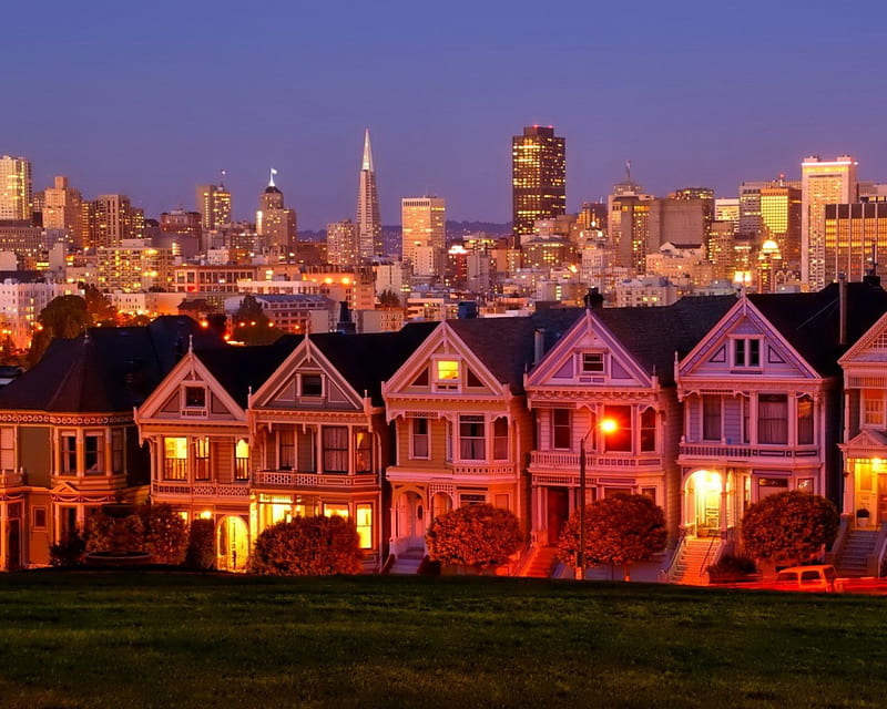 San Francisco's Houses at Night, architecture, sanfrancisco, buildings, houses, HD wallpaper