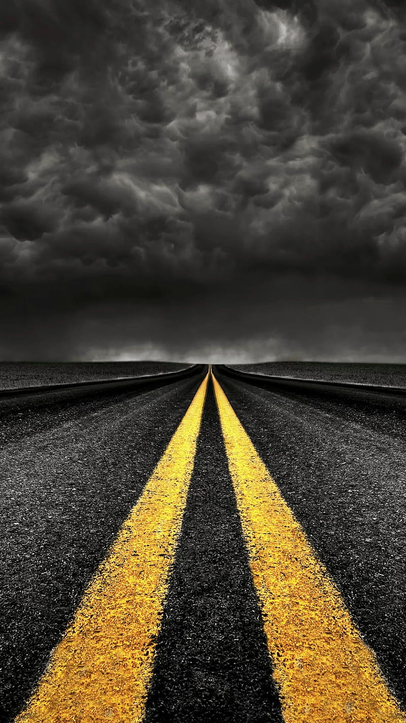 long trip, road, yellow, yellow lines, lines, clouds, black and white, HD phone wallpaper