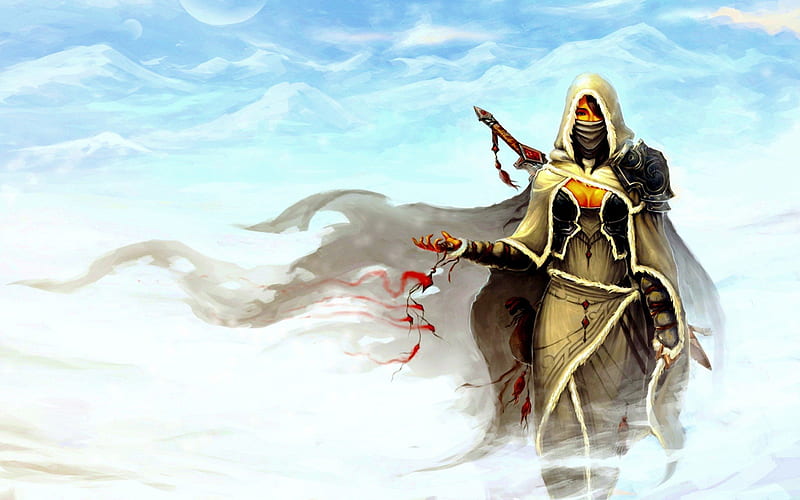 MASKED WARRIOR, hood, the girl, wind, amulet, mania, coat, warrior, snow, mountains, sword, HD wallpaper