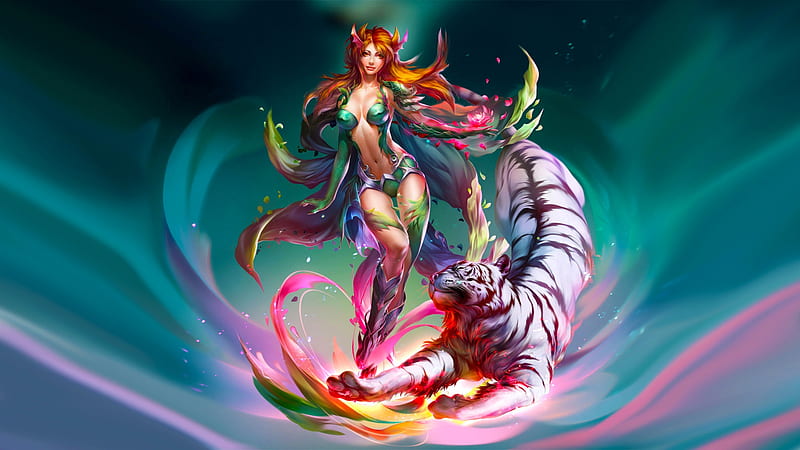 Rainbow Warriors, pretty, art, bonito, tiger, woman, rainbow colors, fantasy, girl, digital, HD wallpaper