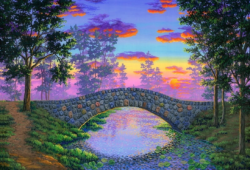 Stone Bridge, bridges, love four seasons, attractions in dreams, parks, paintings, sunsets, summer, flowers, nature, HD wallpaper