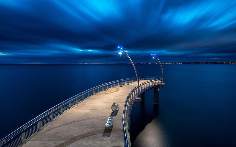 illuminated pier over steel blue water r, lamps, pier, r, bay, blue, night, HD wallpaper