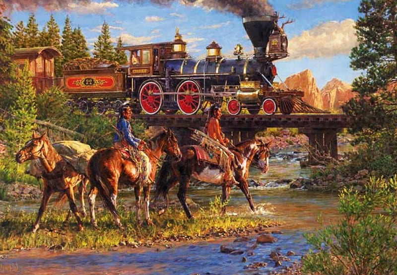Iron Horse, bridge, painting, natives, ponies, river, artwor, HD wallpaper