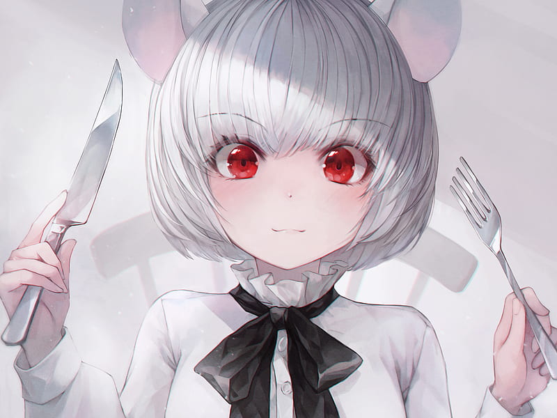 Anime, Original, Animal Ears, Fork, Girl, Knife, Red Eyes, White Hair, HD wallpaper