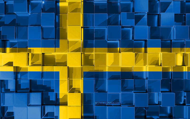 Flag of Sweden, 3d flag, 3d cubes texture, Flags of European countries, Sweden 3d flag, 3d art, Sweden, Europe, 3d texture, HD wallpaper