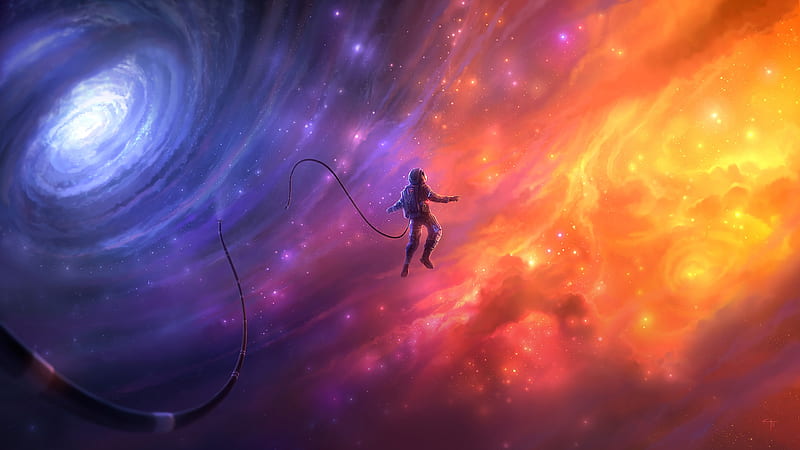 floating astronaut, colorful nebula, dreamy, orange, two paths, Space, HD wallpaper