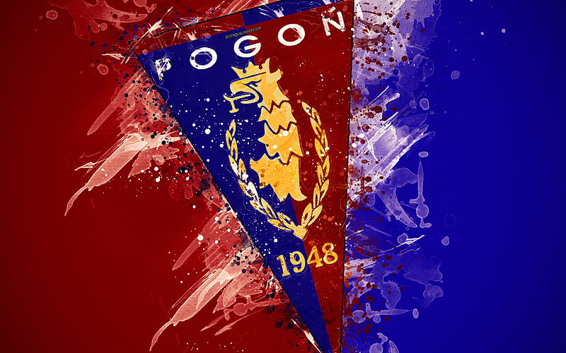 Pogon Szczecin FC paint art, logo, creative, Polish football team, Ekstraklasa, emblem, blue red background, grunge style, Szczecin, Poland, football, HD wallpaper