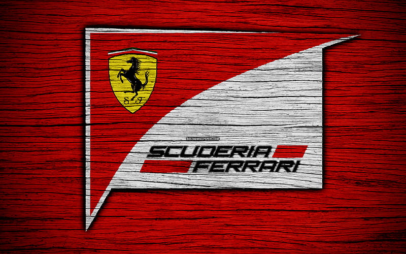 Scuderia Ferrari logo, F1 teams, F1, Scuderia Ferrari flag, Formula 1, wooden texture, Formula 1 2018, Ferrari F1 Team, HD wallpaper