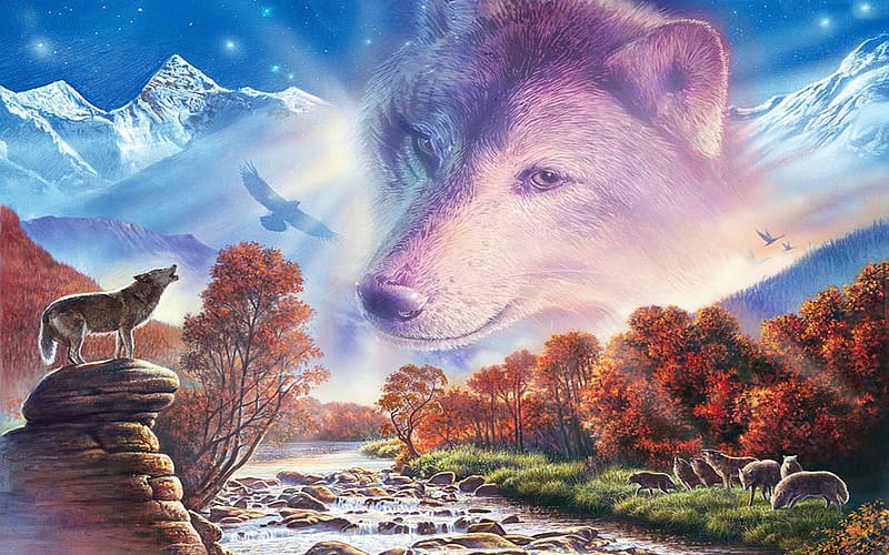 Calling to the pack, howling, wolves, artwork, river, painting, trees, HD wallpaper