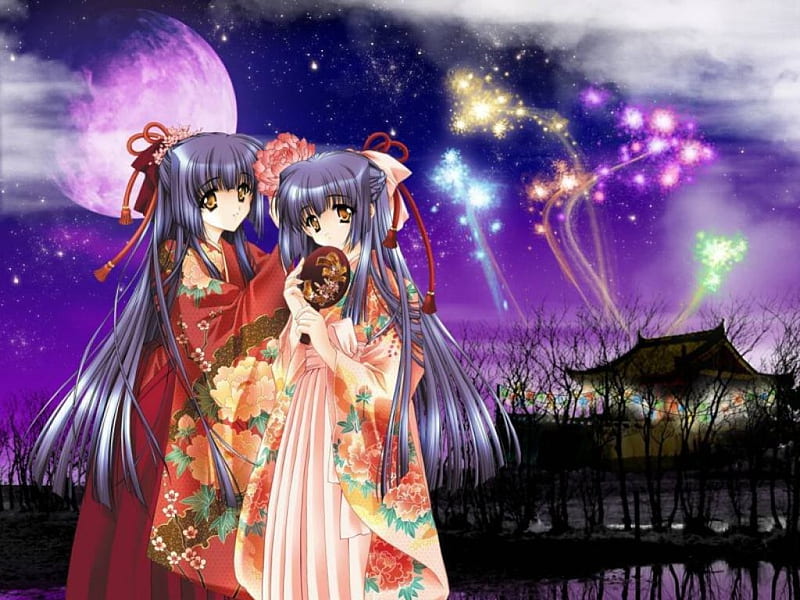 Kimono's Night, pretty, bonito, sweet, nice, japan, moon, anime, fireworks, yukata, darkness, beauty, anime girl, scenery, long hair, twins, night, female, lovely, japanese, sky, kimono, girl, oriental, dark, scene, HD wallpaper