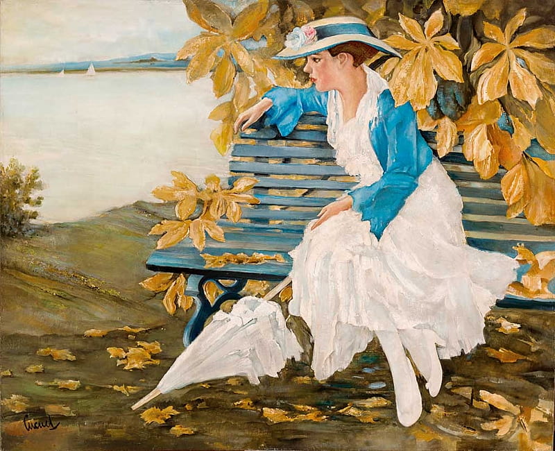 Autumn memories, art, edward cucuel, autumn, luminos, umbrella, yellow, park, woman, leaf, hat, painting, pictura, blue, HD wallpaper