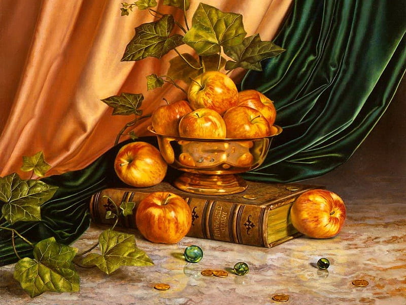 Still life, pretty, apples, golden, fruits, book, bonito, curtain, leaves, nice, HD wallpaper