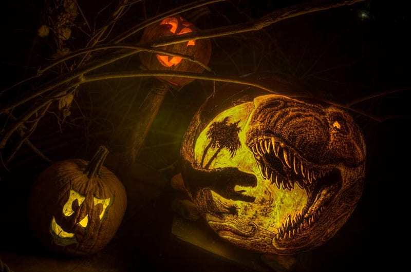 Jurassic Halloween, pumpkin, scary, face, artwork, night, light, HD wallpaper