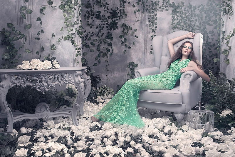 Beauty, dress, green, girl, model, flower, michael cinco, white, woman, HD wallpaper