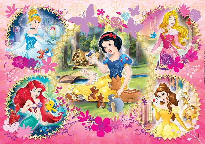 Disney princesses, aurora, snow white, belle, yellow, cinderella, fantasy, girl, ariel, child, princess, pink, disney, blue, HD wallpaper