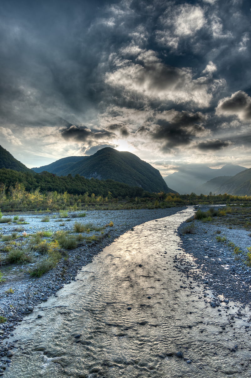 river, mountains, clouds, landscape, nature, HD phone wallpaper