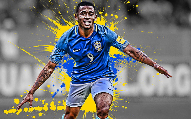 Gabriel Jesus Brazilian football player, striker, 9th number, Brazil national football team, football, yellow blue paint splashes, Brazil, HD wallpaper