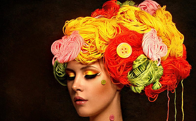 Girl in yarn wig, yarn, girl, wig, artistc, face, HD wallpaper