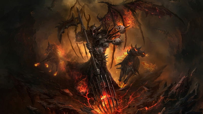 Razing Hell, skulls, demon, dragons, horses, HD wallpaper