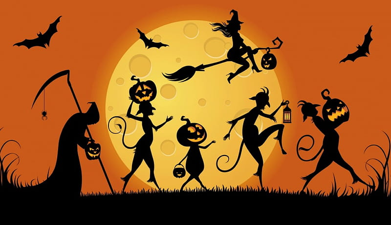 Halloween Party, witch, death, lantern, bats, jack o lanterns, silhouettes, spider, broom, sickle, grim reaper, moon, scythe, full moon, Halloween, pumpkins, HD wallpaper