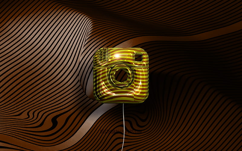 Instagram 3D logo social network, golden realistic balloons, Instagram logo, brown wavy backgrounds, Instagram, HD wallpaper