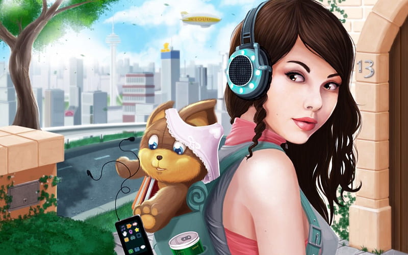 Girl, art, toy, headphones, city, digital, ryan jones, teddy bear, pink, blue, HD wallpaper