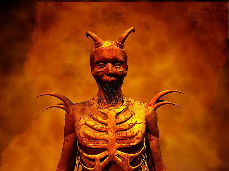 Hells Horror, skeleton, ribs, hell, horns, fire, demon, flames, bones, res, HD wallpaper