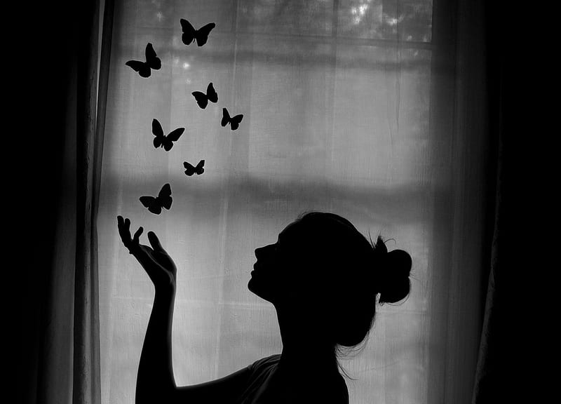 HAPPINESS IS LIKE A BUTTERFLY, graphy, butterfly, bw, metaphor, room, silhouette, woman, HD wallpaper