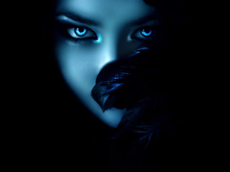 THE WATCHER, BLUE, FEATHERS, FEMALE, FACE, EYES, HD wallpaper