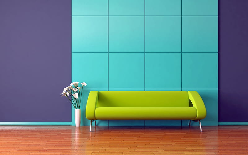 violet room, green sofa, modern interiors, green furniture, blue squares on wall, modern design, hallway, HD wallpaper