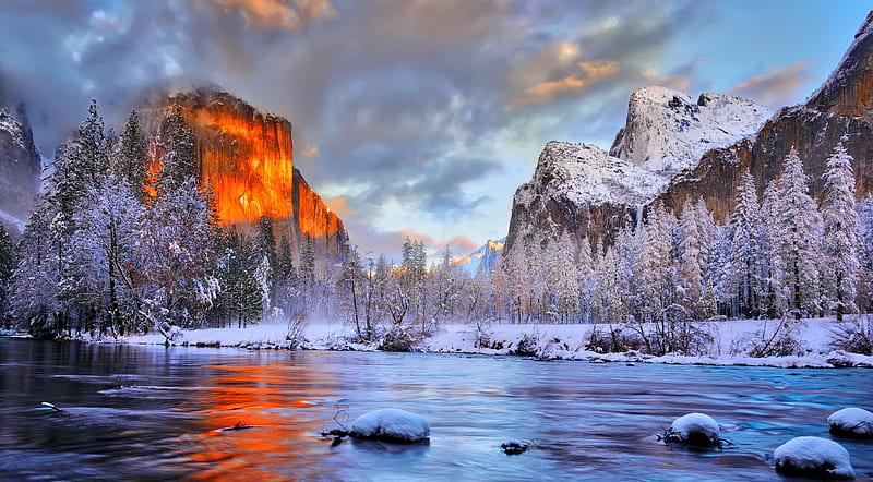 Yosemite in winter, Yosemite, forest, sunset, lake, winter, mountain, serenity, snow, national park, peak, reflection, scenery, wintyer, landscape, frost, HD wallpaper
