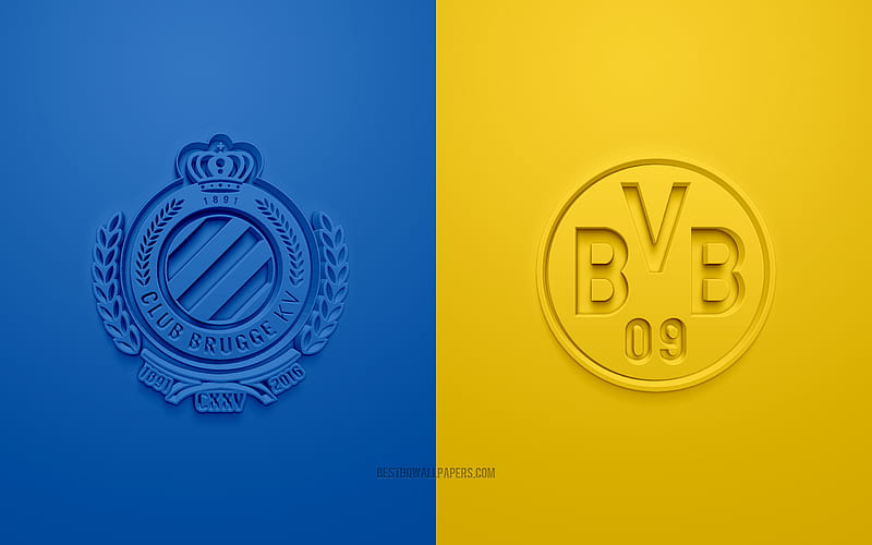 Brugge vs Borussia Dortmund, UEFA Champions League, Group F, 3D logos, blue and yellow background, Champions League, football match, Club Brugge, Borussia Dortmund, HD wallpaper