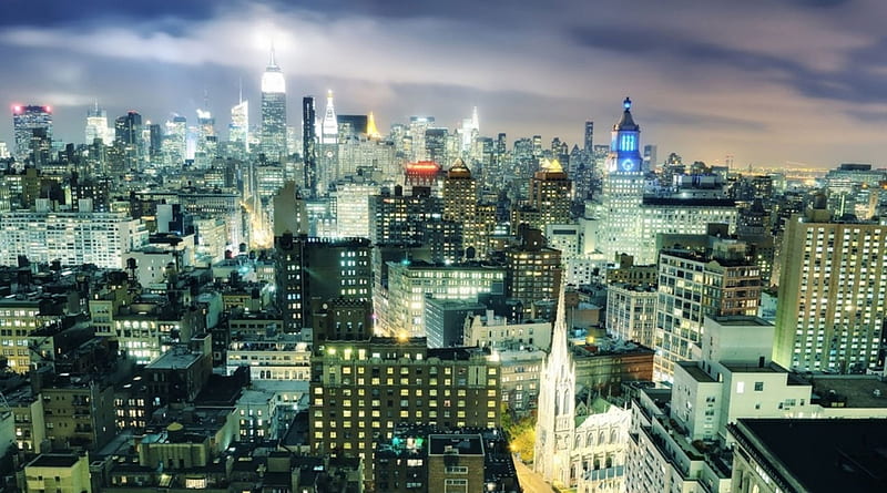 lit up skyscrapers in new york city, city, night, lights, skyscrapers, HD wallpaper