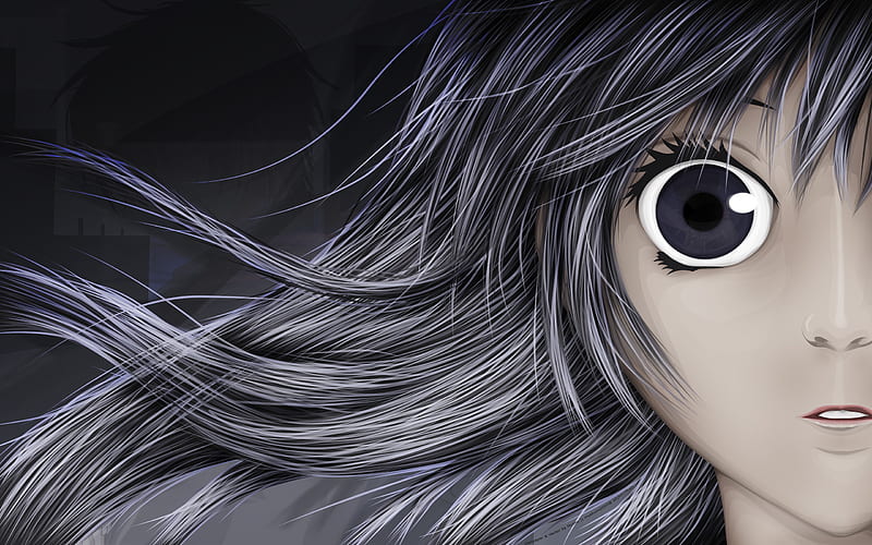 Anime face, sadness, white hair, whaite, brown eyes, black and