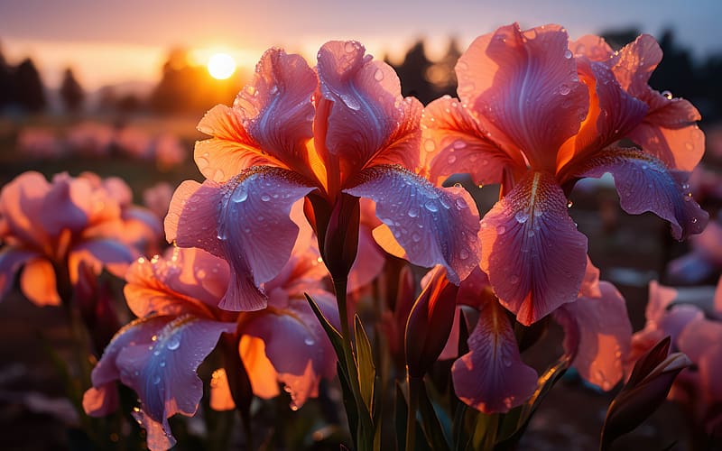 Irises, summer, iris, neuroset, pink, flower, nature, vara, sunset, HD wallpaper