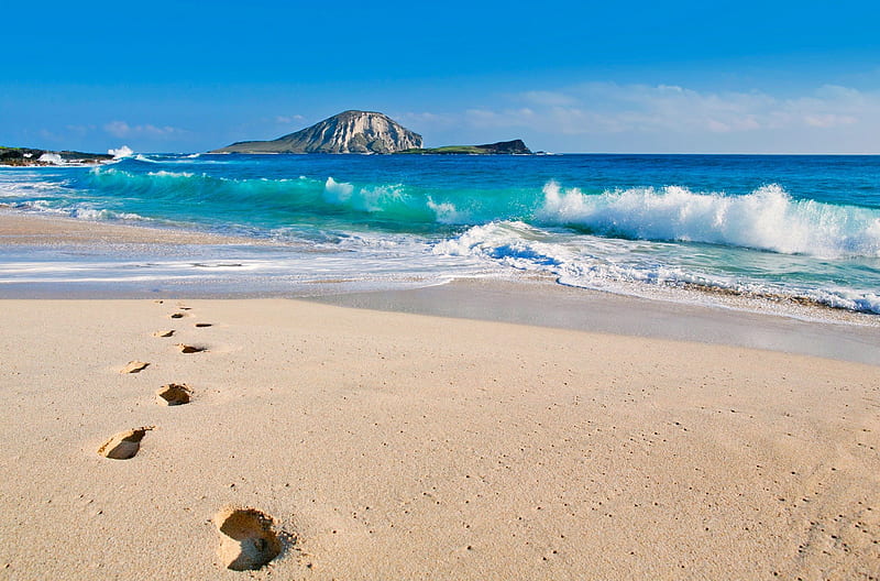 Footsteps, beach, sand, summer, foot, sea, steps, HD wallpaper