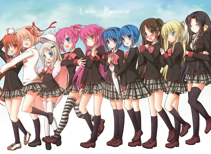 Little Busters!, pretty, uniforms, students, short hair, blue hair, anime, walking, girls, marching, long hair, pink hair, friends, HD wallpaper