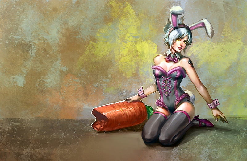 Riven Rabbit, gold eyes, games, white hair, video games, thigh highs, league of legends, anime, playboy, female, animal ears, lingerie, tattoo, yellow eyes, short hair, riven, stockings, girl, bunny, corset, HD wallpaper