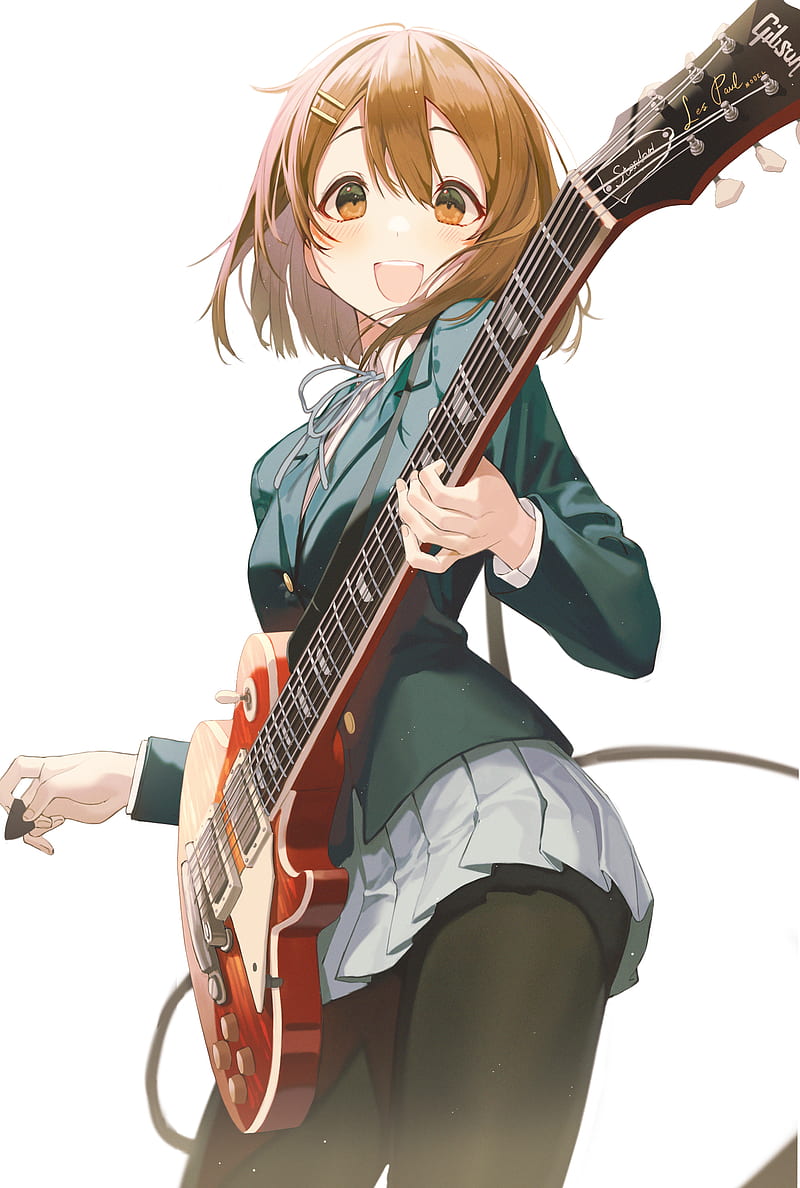 K-ON!, thighs, thick thigh, pantyhose, anime girls, electric, electric guitar, school uniform, JK, low-angle, short hair, Hirasawa Yui, 2D, brunette, smiling, open mouth, musical instrument, curvy, blushing, looking at viewer, miniskirt, brown eyes, simple background, vertical, Pro-p, fan art, anime, HD phone wallpaper