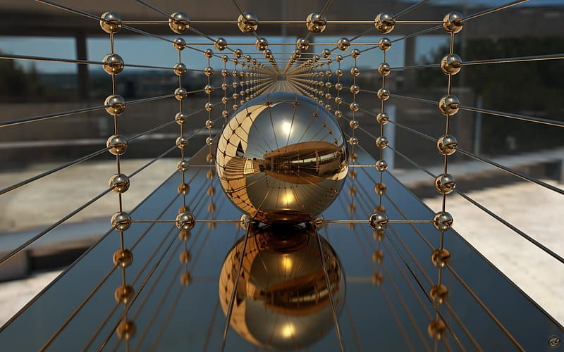 Gold Mirror Hall, reflect, mirror, ball, gold, HD wallpaper