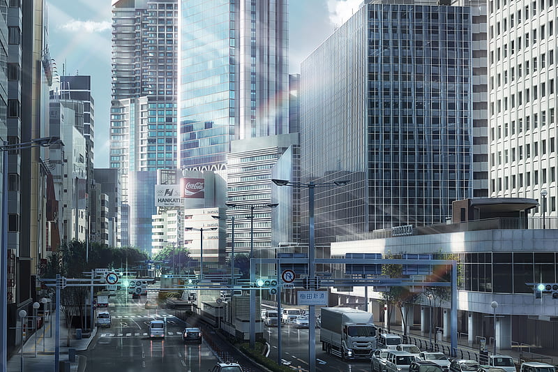 anime cityscape, buildings, anime cars, skyscrapers, road, Anime, HD wallpaper