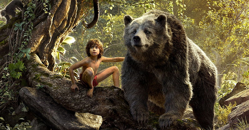 The Jungle Book (2016), poster, movie, kaa, bear, mowgli, animal, boy, fantasy, balloo, the jungle book, copil, child, snake, disney, HD wallpaper