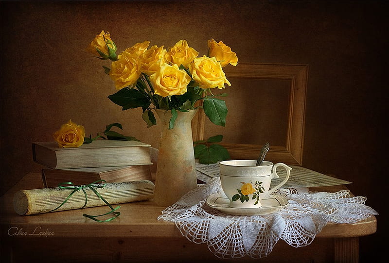 still life, pretty, yellow, book, vase, music notes, tea, nice, flowers, drink, beauty, harmony, lovely, romance, ribbon, cool, cup, rose, books, lace, frame, bonito, old, graphy, porcelain music, elegantly, delicate, roses, bouquet, coffee, flower, HD wallpaper
