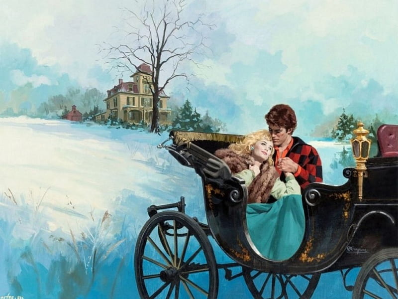 Love Affair, house, snow, painting, cart, man, woman, artwork, winter, HD wallpaper