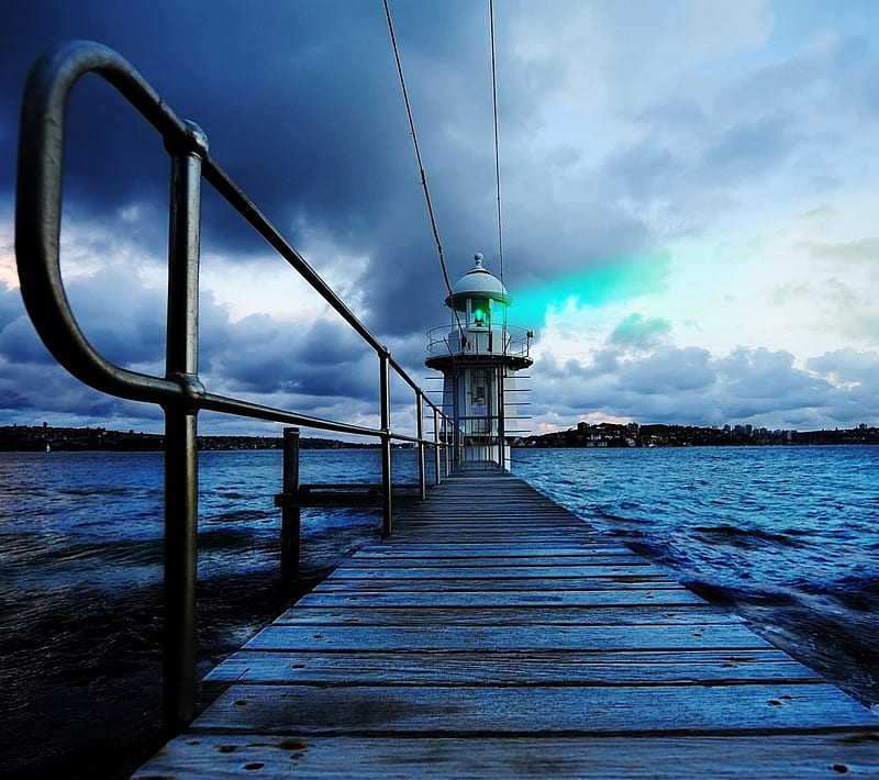Lighthouse, bridge, clouds, landscape, light, night, ocean, pier, sea, wave, HD wallpaper