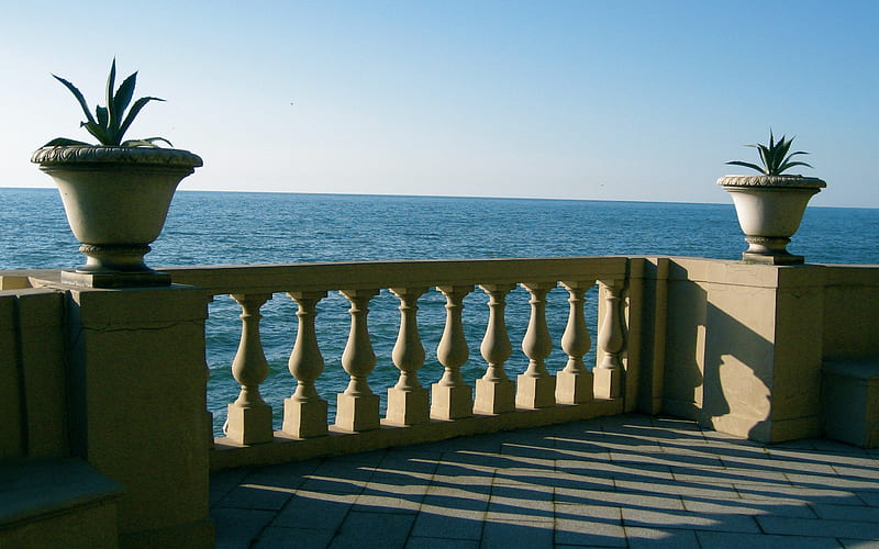 Promenade by Sea, parapets, sea, plants, terrace, HD wallpaper