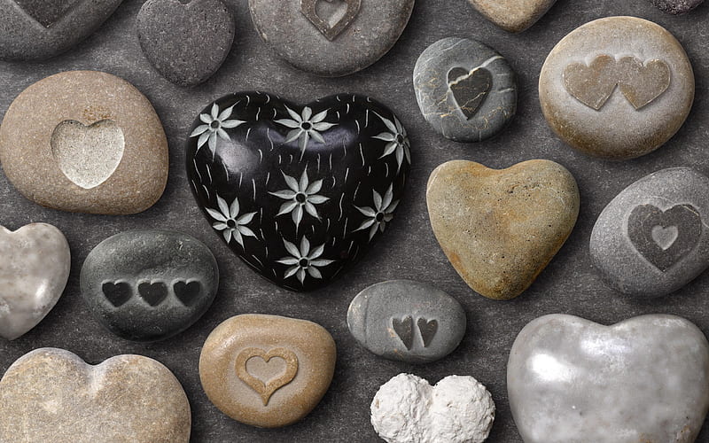 Heart shaped stone, black stone heart, pebbles, stones with hearts, stone romantic background, HD wallpaper