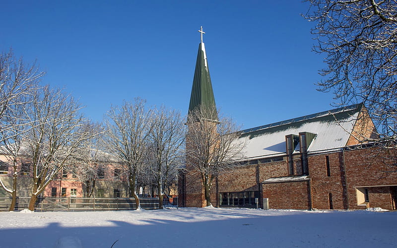 St. Dominic's church in Liepaja, Latvia, snow, town, Latvia, church, catholics, winter, HD wallpaper