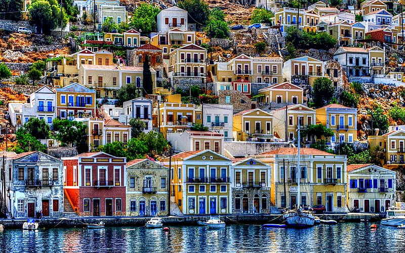 Lovely Greece, architecture, greece, colorful, house, summer time, sailing, bonito, sea, boats, boat, splendor, beauty, reflection, amazing, lovely, view, houses, buildings, town, colors, building, peaceful, summer, island, sailboat, sailboats, HD wallpaper