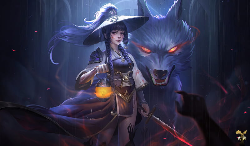 The big bad wolf, luminos, girl, gyxycn, gjschoolart, wolf, hat, art, frumusete, lantern, fantasy, HD wallpaper